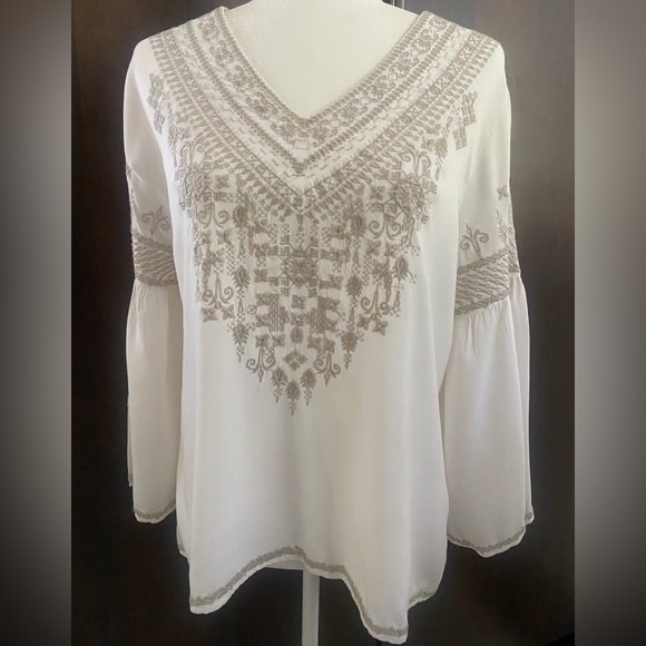 Chelsea & Theodore Tops - Embroidered Women's Top with Intricate Tan Embroidery. Size S. NWOT.
